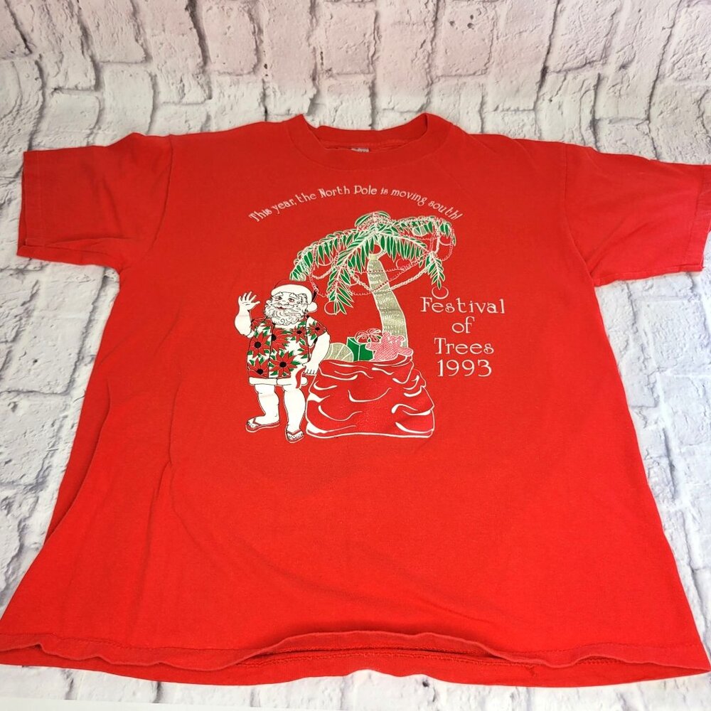Vintage 90s Oneita Women T-Shirt Sz L Red Christmas Festival Of Trees 1993